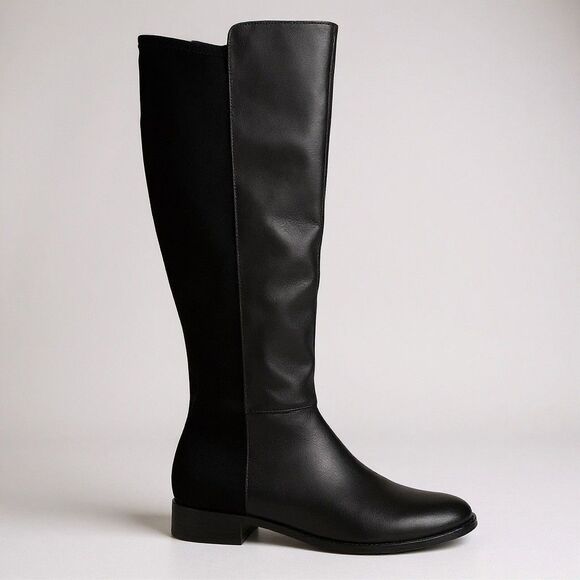 Tahari High Knee Boots 9.5 Black Leather Flats Minimalist Old Money Comfort - Picture 1 of 16